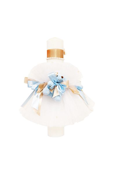 Recostore Lumanare botez, cu ursulet de plus, alb-bleu, 40x6 cm, REC1318