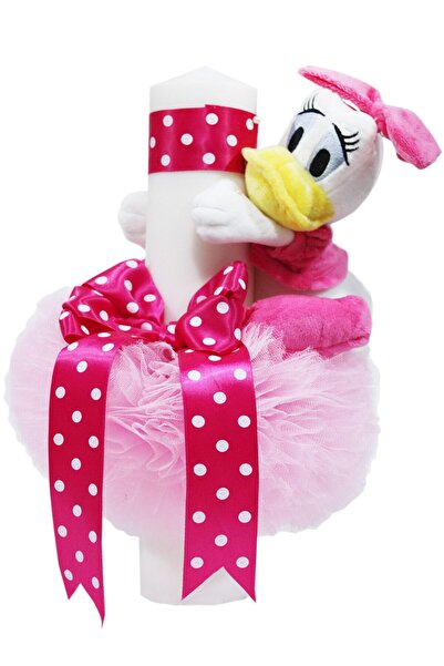 Recostore Lumanare cu Daisy Duck botez, tulle roz si fundita ciclam, 40x7 cm,...