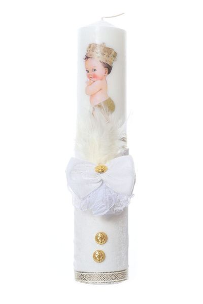 Recostore Lumanare botez catifea alba si bebe print, 35 cm, REC2176