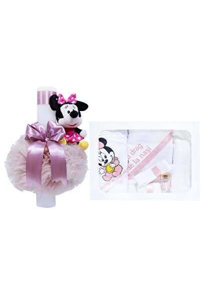Recostore Set complet botez, lumanare si trusou, alb-roz pudrat, Minnie Mouse...