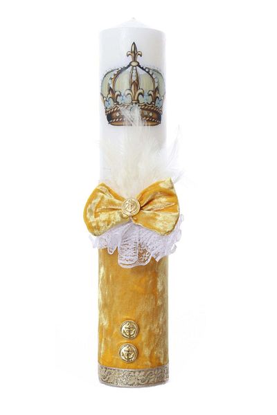 Recostore Lumanare botez catifea galbena si coroana, 35 cm, REC2172