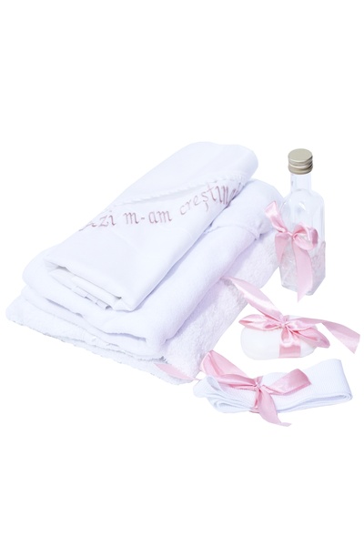 Recostore Set complet botez, lumanare si trusou, alb-roz, REC372