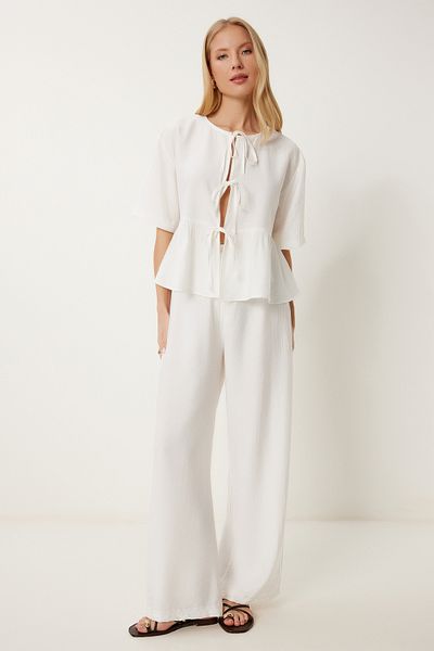 Lovelyİstanbul Set pantaloni bluză cu detaliu de legare ECRU LRV0099