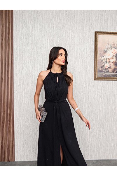 ESRAHELVACI Siyah Desenli Belden Bağlamalı Elbise