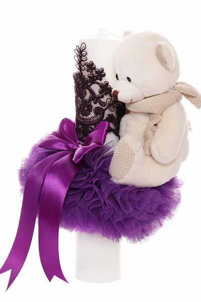 Recostore Baptism candle with purple tulle and attached teddy bear, 35x7 cm, REC1856
