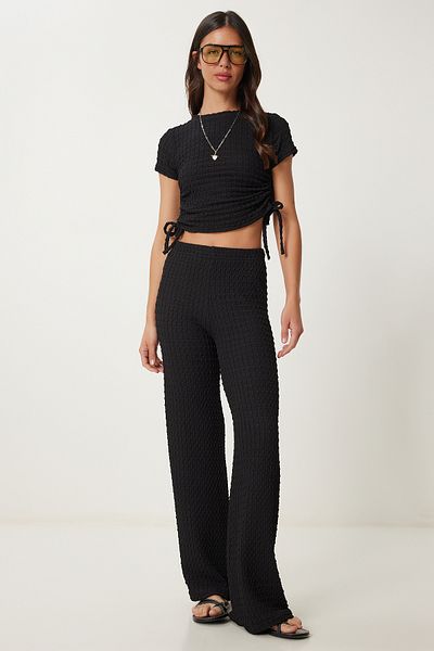 Lovelyİstanbul Textured Flexible Blouse Pants Suit Black Lzv0011