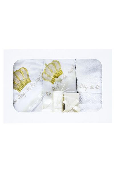 Recostore Trusou alb cu coroana de print crem „Cu drag de la nasi” botez, 7 piese, REC74