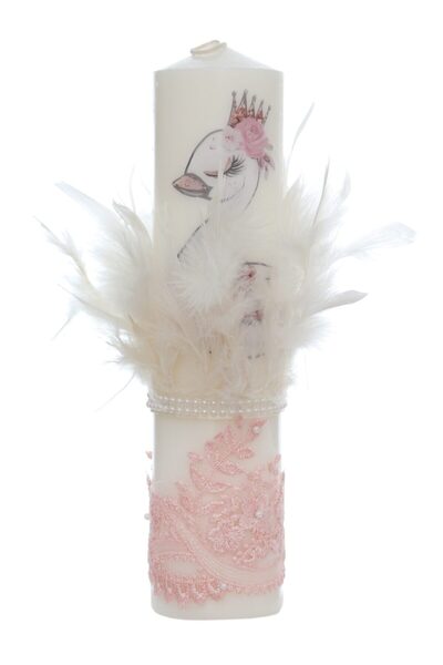 Recostore Lumanare botez cu pene, Lebada, 30x7 cm, roz pudrat, REC5002/14