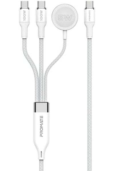 Promate كابل شحن متعدد الأجهزة مع مخرجين USB-C PD100W، شاحن متوافق مع Apple Watch،
