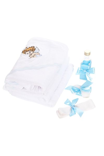 Recostore Trusou botez brodat cu ingeras, alb-bleu, 7 piese,REC1754