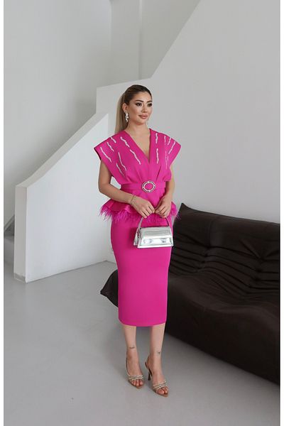 1Moda1Tarz Γυναικεία Εισαγόμενη Υφασμάτινη Ζώνη Λεπτομέρεια Ειδικού Σχεδιασμού Φόδρα Midi Φόρεμα