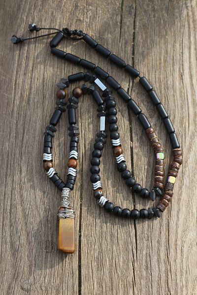 magıcgrange Handmade Tiger Eye - Coconut - Hematite - Black Onyx Necklace Unique Design