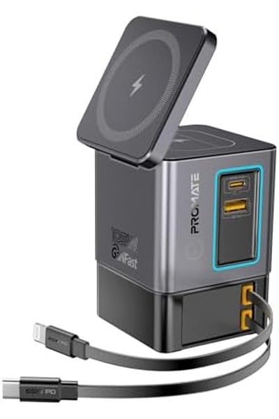 Promate محطة شحن GaNFast 6 في 1 مع إجمالي خرج 105 وات، وشاحن MagSafe اللاسلكي 15 وات، وشاحن Re 65 وات