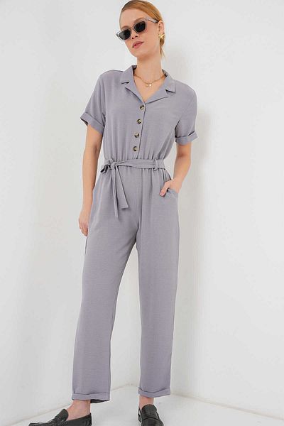 MEYLİYA Ribana Women's Shirt Collar Buttoned Aerobin Fabric Jumpsuit