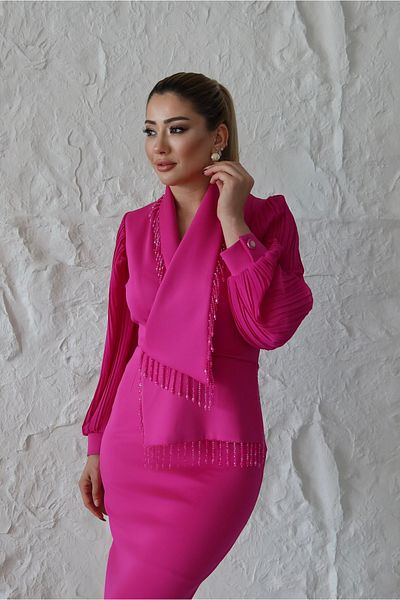 1Moda1Tarz Γυναικείο ειδικό σχέδιο φόρεμα με επένδυση από εισαγόμενο ύφασμα με πλισέ μαργαριτάρι κεντημένο μανίκι με λεπτομέρεια κουμπιού