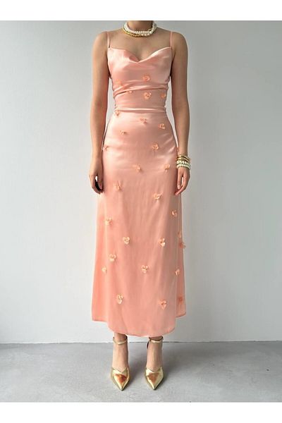 Julidress 3D Floral Detailed Degaje Collar Midi Length Premium Satin Dress