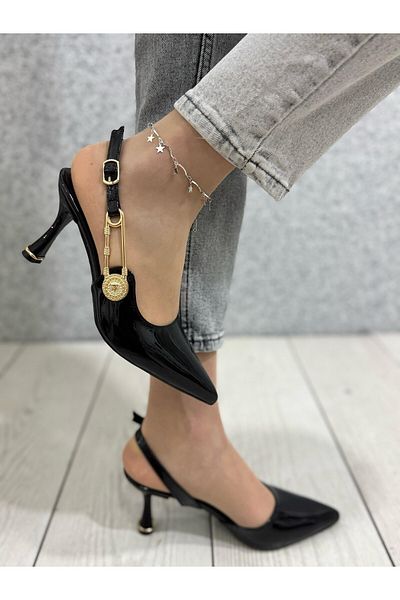 ayakkabiyolla Black Patent Leather Gold Detailed Evening Dress Heeled Shoes