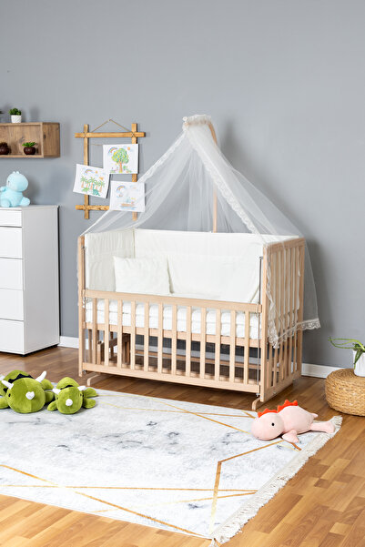 Carino Wins Ahşap Beşik Anne Yanı Yeni Doğan Asya Organik Bebek Beşiği KREM G...