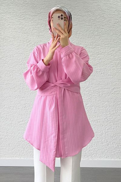 MELEK ARAZ Asymmetrical Cut Tunic with Pink Tie Detail