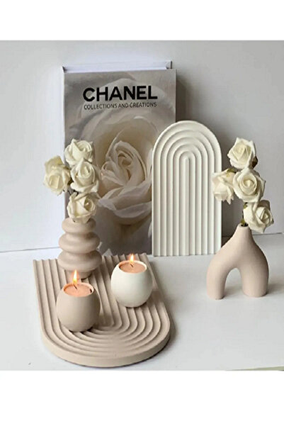 BLANJ Tepsi, 2 Adet Mumluk 2 Adet Vazo Ve Mumlardan Oluşan 5 Parça Dekoratif Tasarım Set