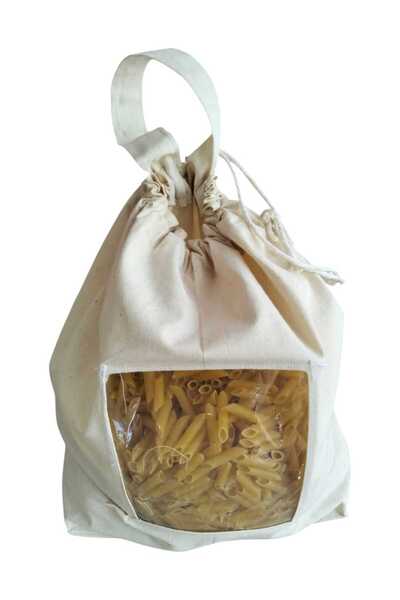 ilkadimbuklet Makarna Saklama Torbası | Pamuk Ham Bez | Asetat Pencereli, İpli ve Saplı Doğal Bez Poşet |