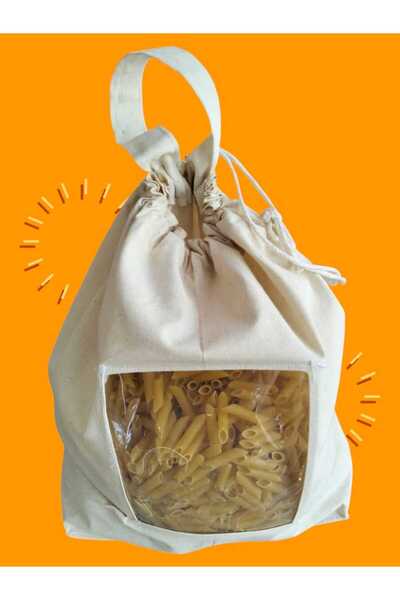 ilkadimbuklet Makarna Saklama Torbası | Pamuk Ham Bez | Asetat Pencereli, İpli ve Saplı Doğal Bez Poşet |