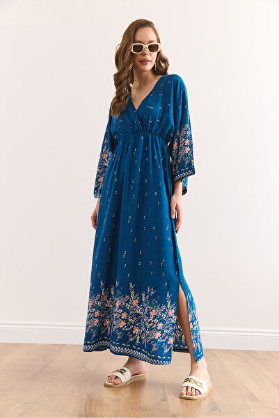 Olalook Women's Watery Floral Indigo Double Breasted Collar Elastic Waist Maxi Slit Viscose Dress Elb-19002383