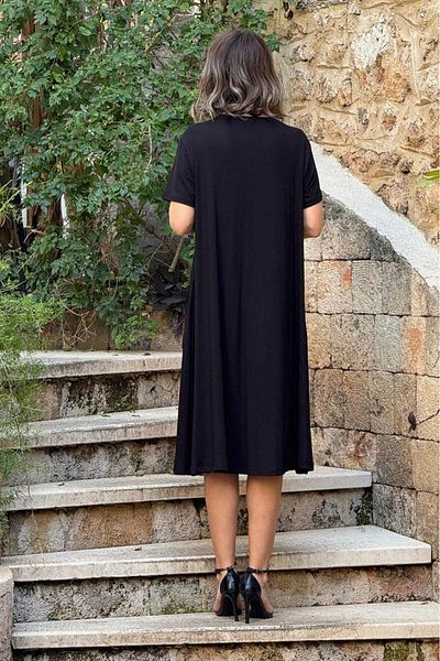 Nevin Kaya Moda Μαύρο Βαμβακερό Βαμβακερό Φόρεμα με Κέντημα με τέσσερα λουλούδια