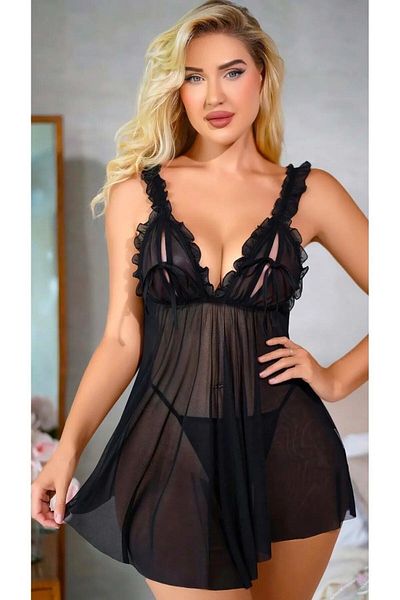 Bluewhs Women's Fancy Nightgown Stylish Outfit Transparent Tulle Detailed Special Low-Cut Nightgown