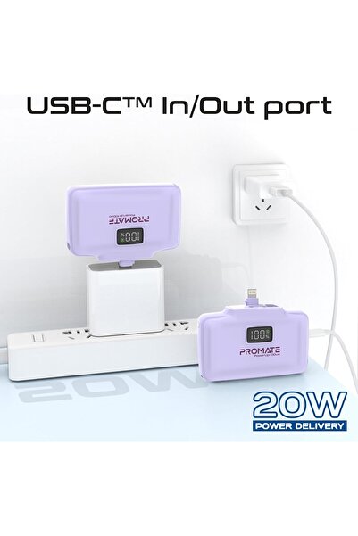 Promate PowerUp-10Duo 10000mAh Portable Power Bank with Built-In 20W USB-C & Lightning (Purple)