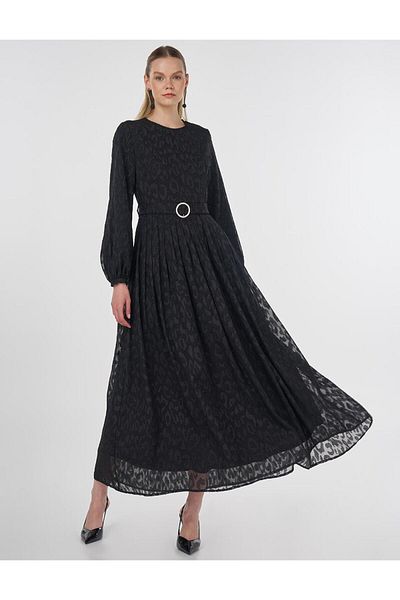 Kayra Jacquard Dress with Metal Accessories Black