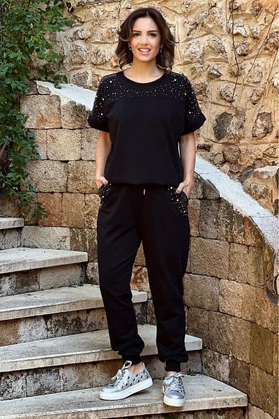Nevin Kaya Moda Black Silver Stoned Short Sleeve Tracksuit Set