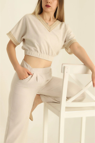 mj style Women's elastic waist yala embroidered linen blouse