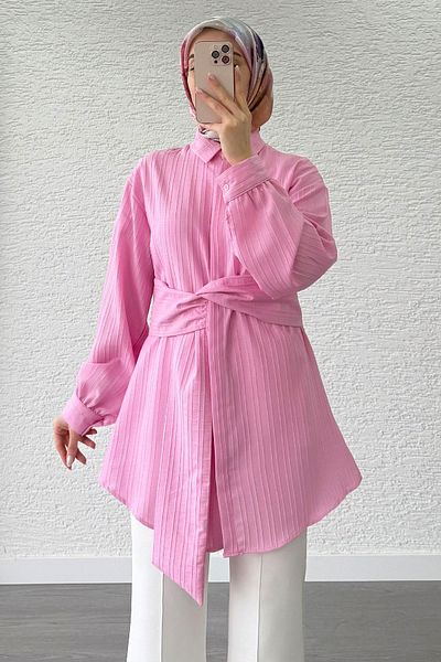 MELEK ARAZ Asymmetrical Cut Tunic with Pink Tie Detail