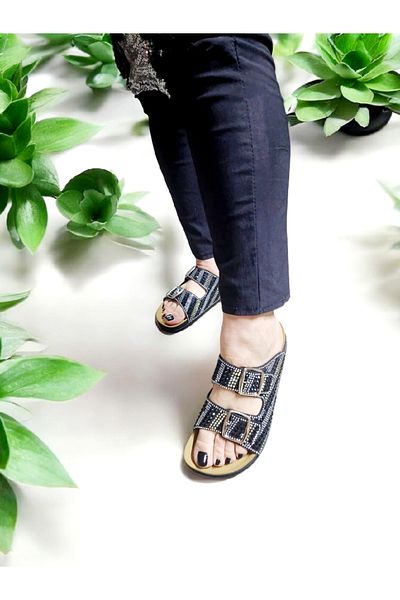 AkınalBella Double Buckle Shiny Natural Stone Anatomical Slippers