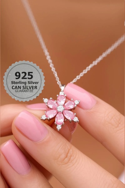 CAN SİLVER 925 Ayar Gümüş Pembe Zirkon Taşlı Manolya Çiçeği Gümüş Kadın Kolye-anneler Günü Özel