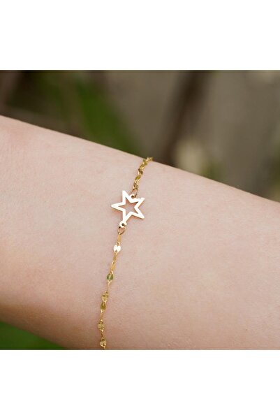 Bayar Gold 14 Ayar Altın İçi Boş Yıldız Aynalı Zincir Bileklik