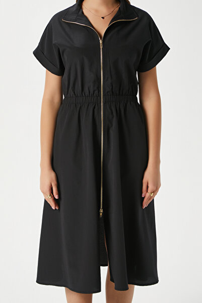 Ritnice Women's Hilda Black Zippered Waist Elastic Pocket Dress 00022