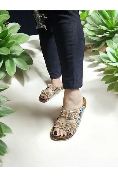 AkınalBella Double Buckle Shiny Natural Stone Anatomical Slippers