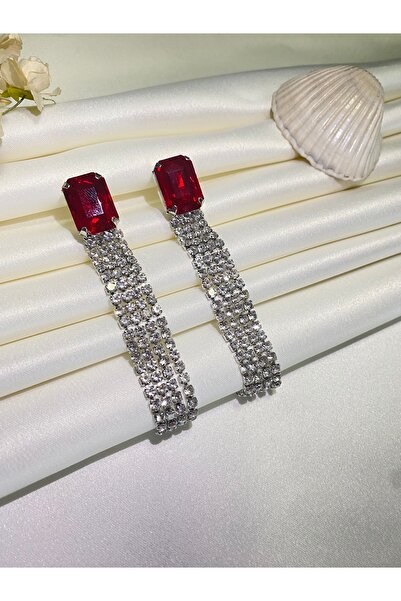 Furtek Aksesuar Kadın Dikdörtgen Zirkon Kırmızı Sallantılı Küpe Modeli Hediyelik Su Yolu Nişan Düğün Balo