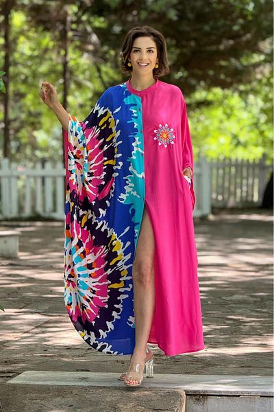 Nevin Kaya Moda Oversize Ροζ Διπλό Βαμβακερό Φόρεμα Plus Size
