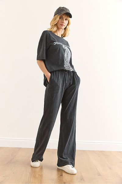 Olalook Women's Anthracite Elastic Waist Washed Trousers with Pockets Pnt-19000340
