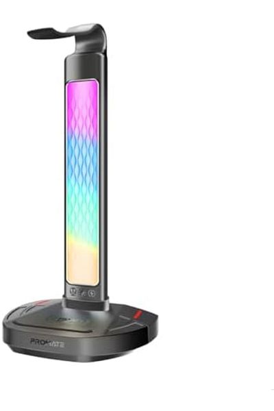 Promate 4-In-1 Multifunctional RGB Headset Stand with 15W Wireless Charger, USB-C and Dual USB-A Por
