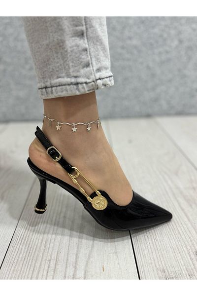 ayakkabiyolla Black Patent Leather Gold Detailed Evening Dress Heeled Shoes