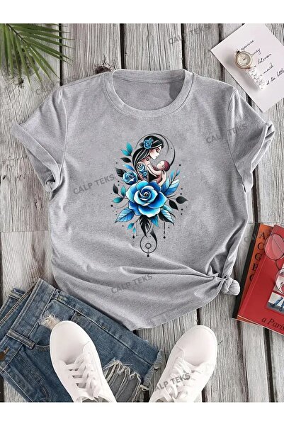 CALP TEKS تي شيرت كبير الحجم مطبوع عليه الأم والورد