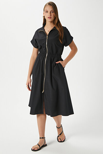 Ritnice Women's Hilda Black Zippered Waist Elastic Pocket Dress 00022