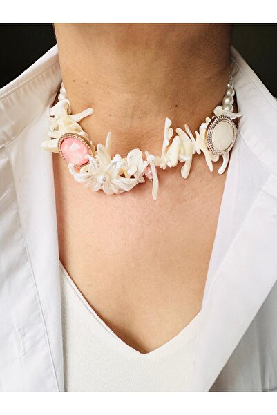 DEVİ fashion Pearl Irregular Natural Stone Luxury Design Choker Necklace 40 cm