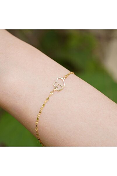 Bayar Gold 14 Ayar Altın İç İçe Kalp Aynalı Zincir Bileklik