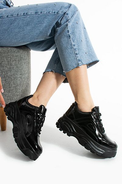 Ayax Black Patent Leather High Sole Casual Women's Sneaker