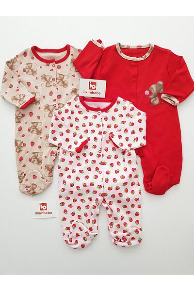 ilkimbebe Strawberry Patterned 3-Piece Baby Jumpsuit